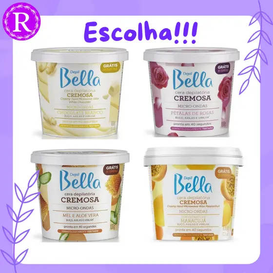 CERA  CREMOSA PARA MICRO-ONDAS DEO DEPIL BELLA 100g: mel e aloe vera, pétalas de rosas, chocolate branco, maracujá