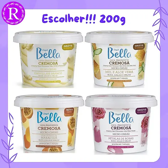 CERA DEPILATORIA CREMOSA PARA MICRO-ONDAS 200g: mel e aloe vera, maracujá, chocolate branco e pétalas de rosas