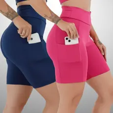 Kit 2 Shorts Fitness Feminino Com Bolso Lateral Porta Celular Suplex Slim Caminhada Academia 3038.KB