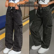 Calça Jeans Infantil  Wide Leg Cargo Black Juvenil 6 ao 14  ALTO PADRÃO LINHA PREMIUM
