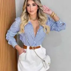 Camisa Social Feminina Risca  De Giz Listrada Ten....