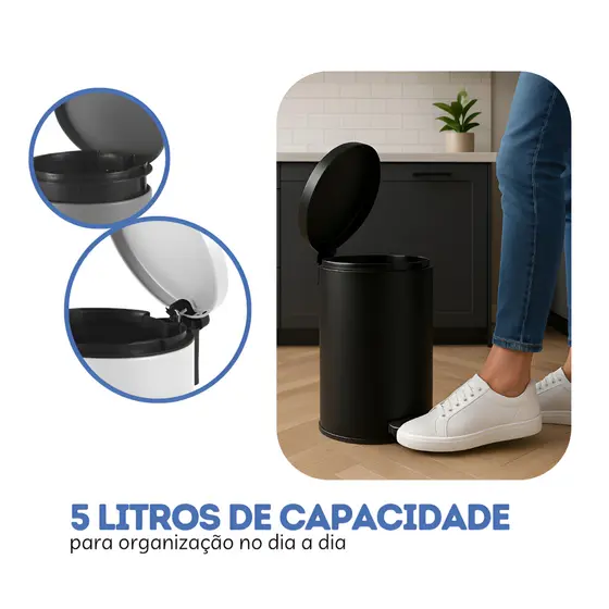 Lixeira Redonda com Pedal Multiuso Aço 5 litros Acabamento Matte banheiro cozinha escritório
