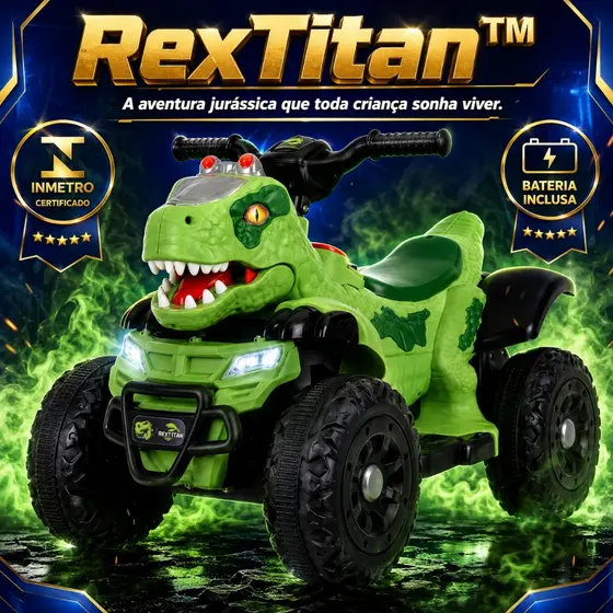 Quadriciclo Elétrico Infantil RexTitan™ Dinossauro 6V com Luzes e Som Carrinho Infantil Recarregável