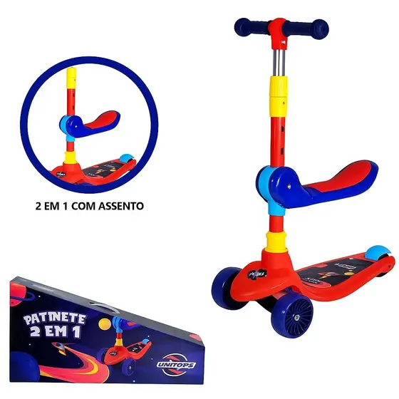 Patinete Infantil 2 em 1 Assento Removível Triciclo Scooter Equilíbrio Luz LED Ajustável Dobrável