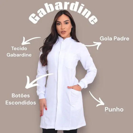 JALECO BRANCO ACINTURADO GABARDINE FEMININO UNIFORME AVENTAL