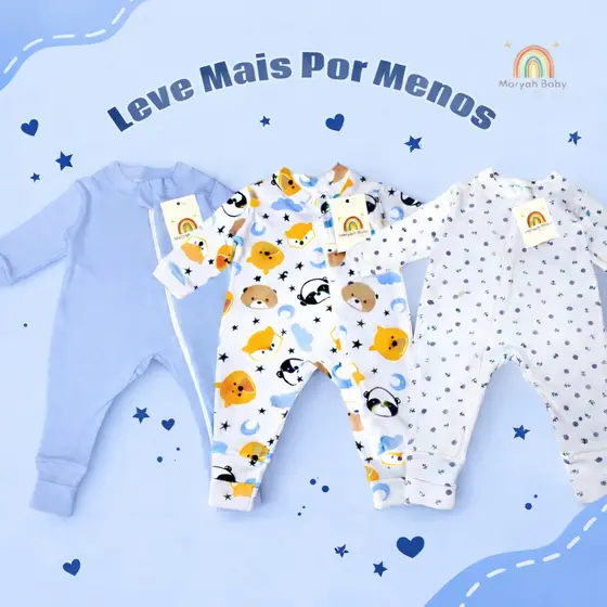 Kit com 3 macacões estampado para menino suedine 100 % algodão