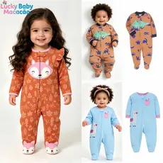 Lucky Baby Roupa Infantil Menina Primavera/Outono Manga Longa 100% Algodão Zíper Pé Fechado Estampa Deli 0-12 Meses