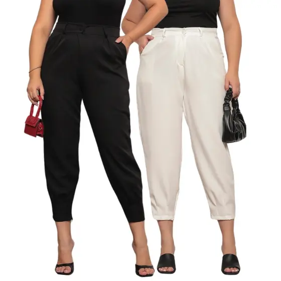 Kit 2 Calças Feminina Alfaiataria Plus Size G1 G2 G3 Slim Modelo Cenoura Elegante Confortável Ziper Na Barra