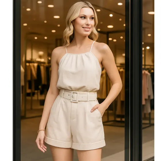 Conjunto Feminino de Linho Blusa de Alcinha e Shorts Tecido Viscolinho Casual Com Alcinha Regulavel