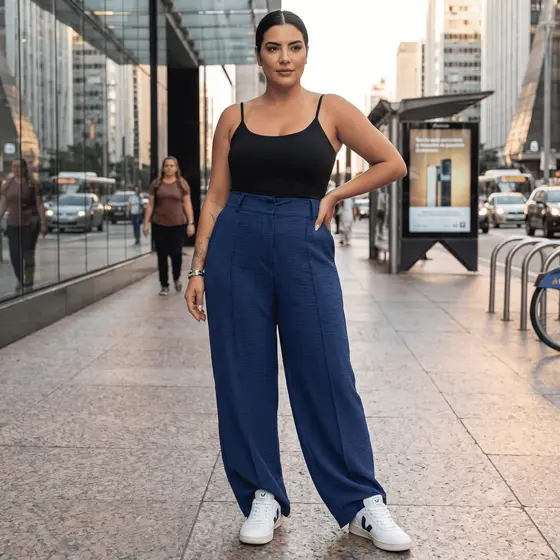 Calça Feminina Pantalona Plus Size Modelo Casual Tecido Duna Cintura Alta Leve Soltinha