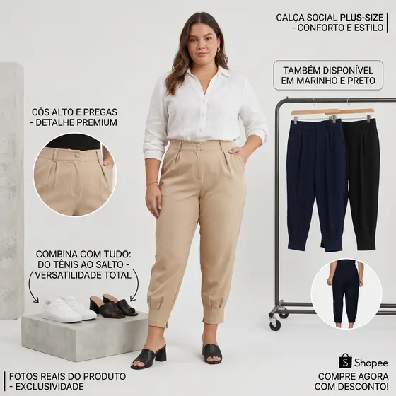 Calça Plus Size Social Feminina Cenoura Elegante Zíper Na Barra Moderna Feminino Modelo Alfaiataria
