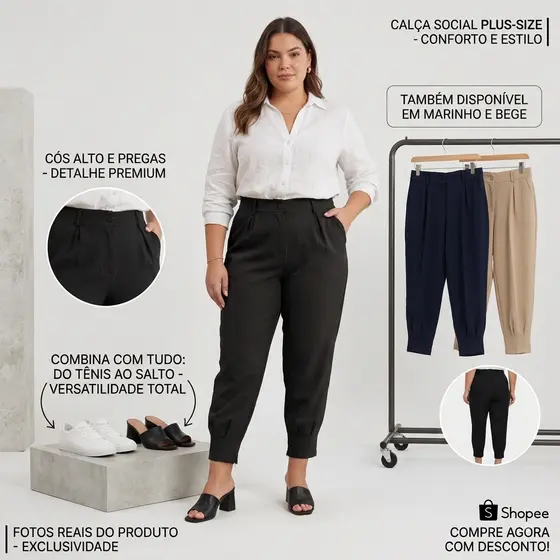 Calça Feminina Alfaiataria Social Plus Size Elegante Casual Com Zíper Na Barra Skinny Modelo Cenoura
