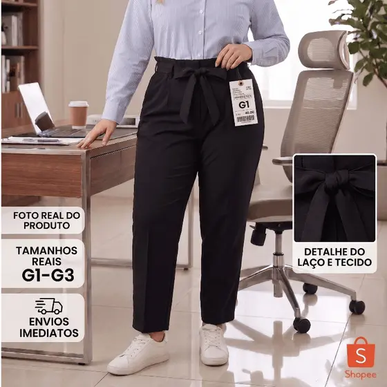 Calça Feminina Social Alfaiataria Cinto Plus Size Básica Moda Elegante Moderna Confortável