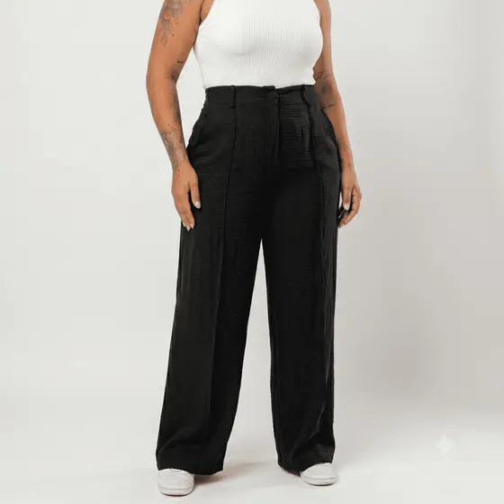 Calça Feminina Básica Pantalona Widelag Modelo Soltinho Tecido Duna Folgada Cintura Alta Moderna
