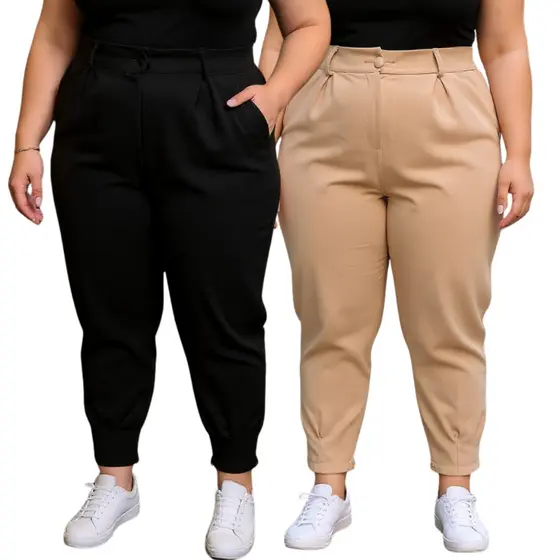 Kit 2 Calça Feminina Social Elegante Com Zíper Na Barra Moderna Plus Size Modelo Cenoura