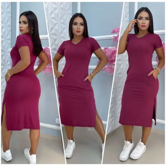 vestido midi coom bolsos e fendas laterais feminino casual