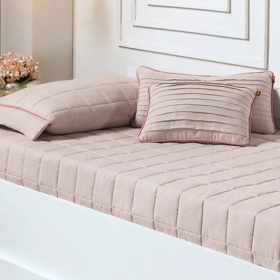 Colcha Em Linho 100% Algodão Rosê Solteiro Com Elástico Matelasse Matelado Batistela Baby