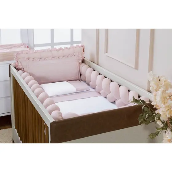 Kit Berço Bebê Trança Linho Rosa 6 Pçs Protetor Batistela