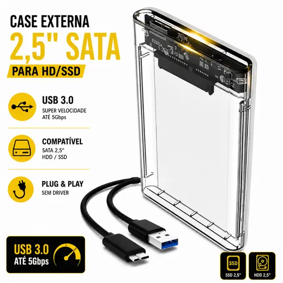 Case Slim para HD Externo 2.5” SATA USB 3.0 – Alta Velocidade e Portabilidade SSD Notebook PS4 XBOX