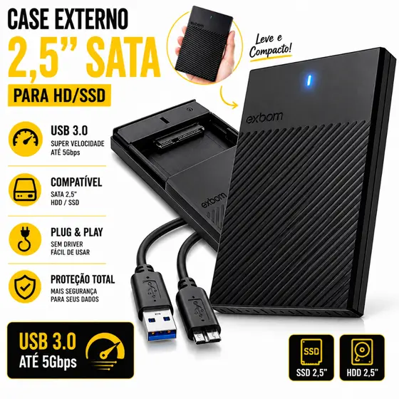 Case Externo Gaveta Hd Sata 2.5 Notebook Slim Usb 3.0 5 Gbps PS4 XBOX Alta Performance