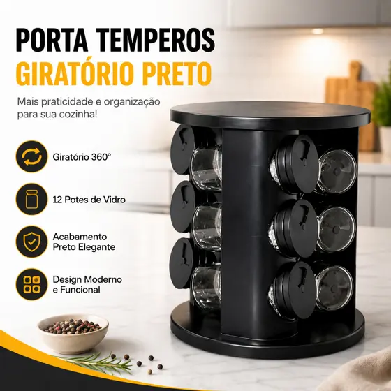 6/12 Potes Porta Condimentos Giratório Vidro Tampa Dosadora 360° Organizador Temperos Cozinha Preto Plástico