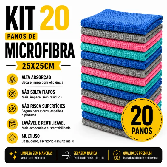 Kit 20 Panos Limpeza Microfibra 25x25cm Multiuso | Carro Vidro Cozinha | Sem Fiapos Macio Absorvente