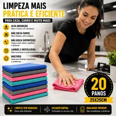 Kit 20 Panos Limpeza Microfibra 25x25cm Multiuso | Carro Vidro Cozinha | Sem Fiapos Macio Absorvente