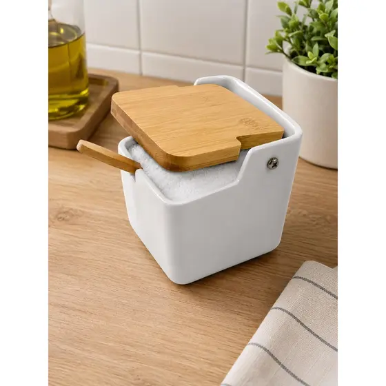 Saleiro Mesa Cerâmica com Tampa de Bambu e Colher Bianco