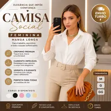 Camisa Lisa Feminina Manga Longa em Crepinho – Social Elegante | Tamanhos M G GG