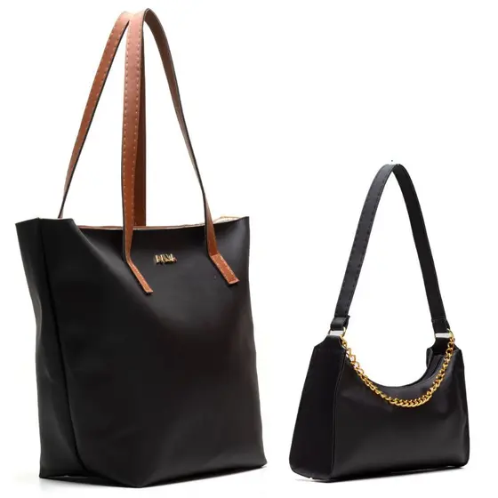 KIT BOLSA GRANDE + BOLSA PEQUENA PRETA SACOLA BAGUETE CORRENTE