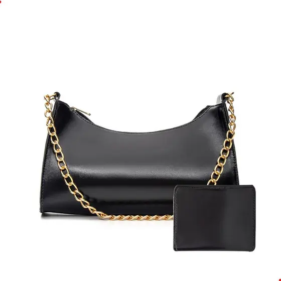 Bolsa Baguete Feminina + Carteira Corrente de Lado Tiracolo Transversal de Ombro Pequena