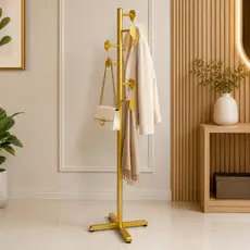 Cabideiro de Chão Moderno 6 Gancho Leaf Luxo em Aço Inoxidavel | Mancebo para Roupas, Bolsas e Acessórios Arara Vertical