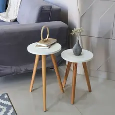 Kit 2 Mesinha Lateral Redonda Pés Palito Em Madeira | Canto Sofá - Cor Branco e Preto - Disponível em 2 e 1 Unidade