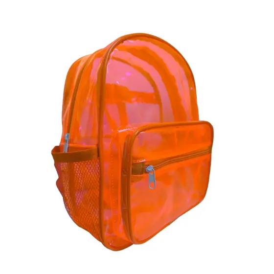 Mochila Bolsa Transparente Neon Laranja com Popmpom, Passeio Festa Pool Party, Creche Escola Curso Ballé Natação