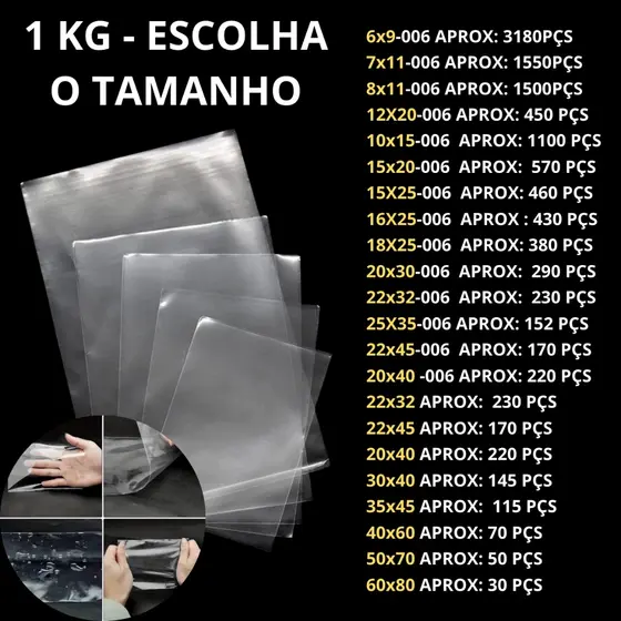 1kg Embalagem Plástica PP Brilhante Transparente Cristal Saquinho Incolor Brilhoso Transparente