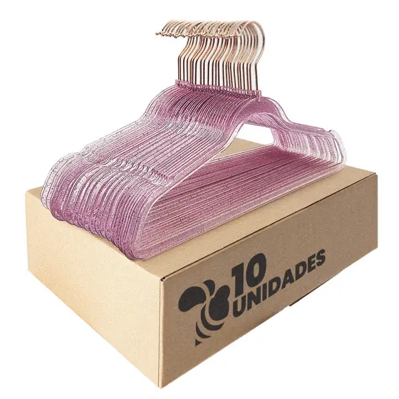 Kit 10 Cabides Acrílico Rosa com Glitter e Gancho Rose Gold