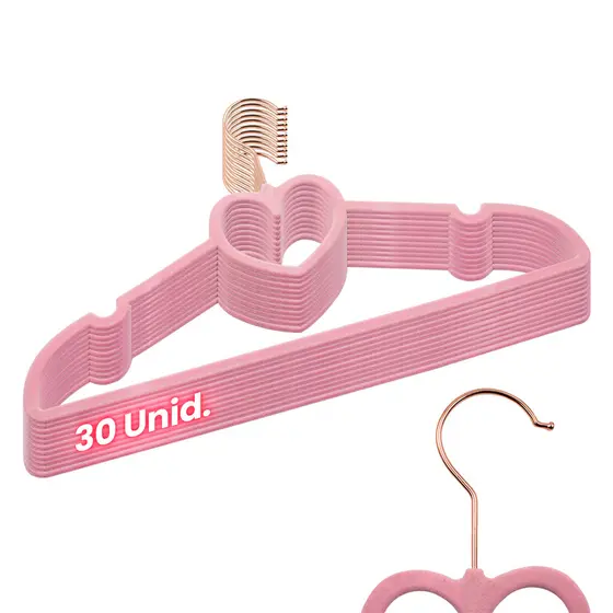 Kit 30 Cabides Veludo Rosa Gancho Rose Slim Formato Coração