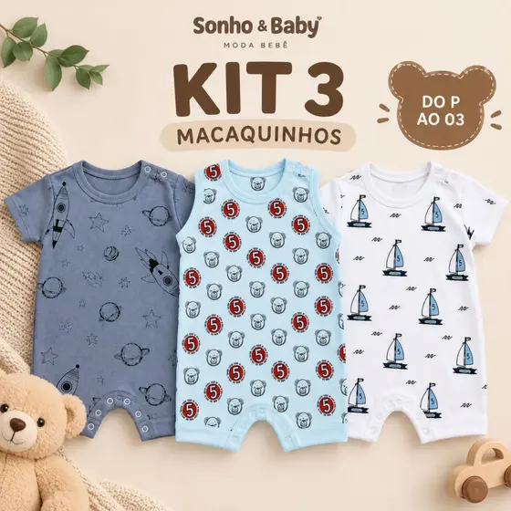 Kit 3 Macaquinhos Bebê Verão 100% Algodão Estampados Infantil Menino e Menina