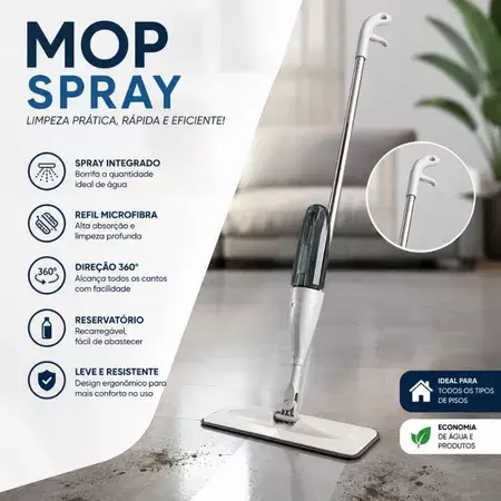 Mop Spray com Reservatório e Refil de Microfibra Lavável 360° para Todos os Pisos Limpeza Rápida