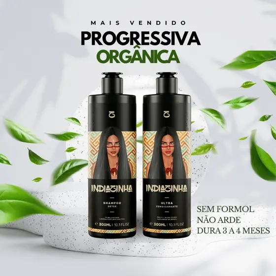 Escova Progressiva Orgânica Sem Formol Sem Cheiro Não Arde Liso Extremo 2x300ml - Indiazinha