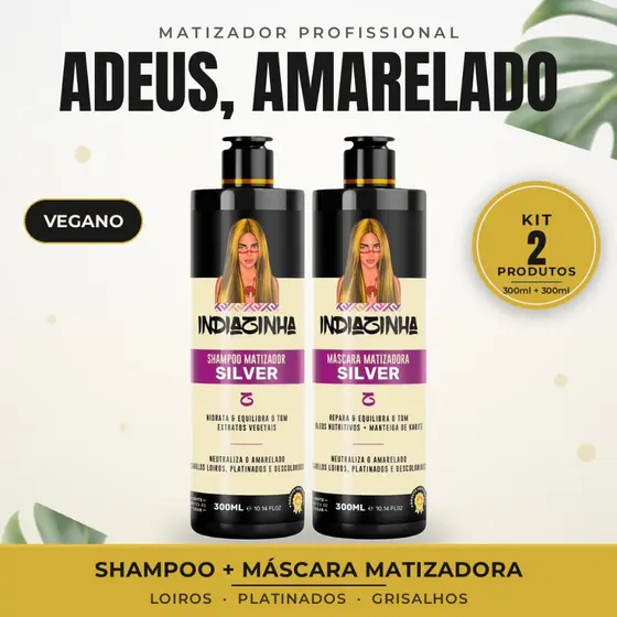 Shampoo Matizador Silver 300ml + Máscara Matizadora 300ml Desamarelador Cabelo Loiro Platinado Grisalho Indiazinha