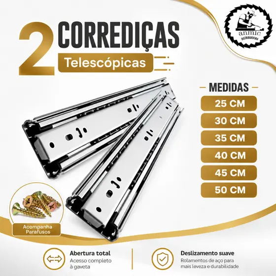 Kit Par Corrediça Telescopica Para Gaveta Armario Trilho Light 25cm 30cm 35cm 40cm 45cm 50cm Parafuso