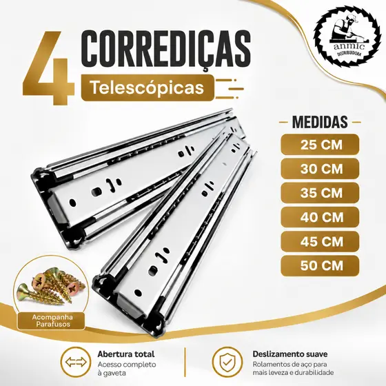 Kit 4 Corredicas Gaveta Trilho Telescopico Light 2 Pares 25cm 30cm 35cm 40cm 45cm 50cm Parafusos