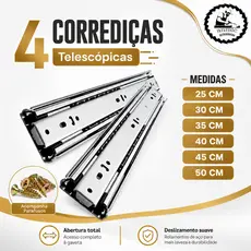 Kit 4 Corredicas Gaveta Trilho Telescopico Light 2 Pares 25cm 30cm 35cm 40cm 45cm 50cm Parafusos