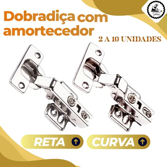 Kit Dobradiça Com Amortecedor 35mm Reta Ou Curva 2 4 6 8 10 Unidades Para Porta De Armários Moveis