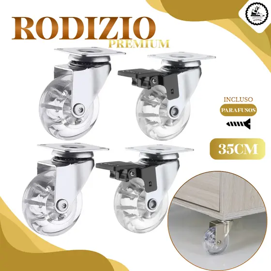 Kit 4 Rodizio Silicone Gel 35mm Giratorio 2 Com Freio 2 Sem Freio Rodinha Movel 16 Parafusos