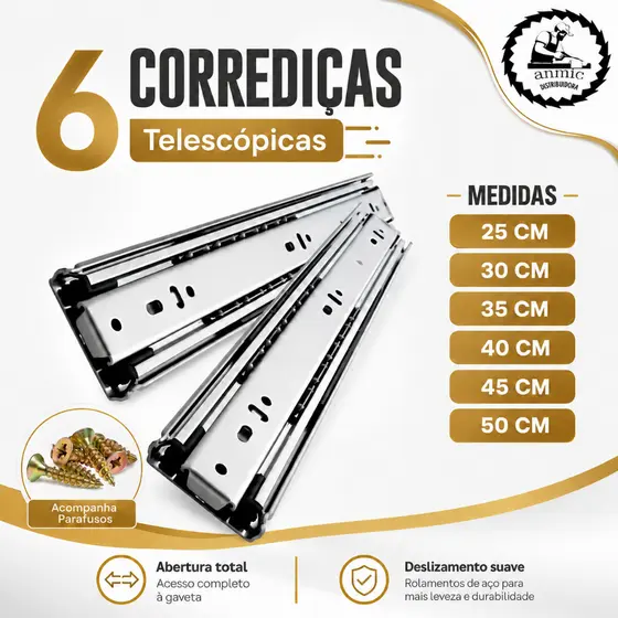Kit 6 Corrediças Gaveta Trilho Telescópica Light 25cm 30cm 35cm 40cm 45cm 50cm Aço Leve