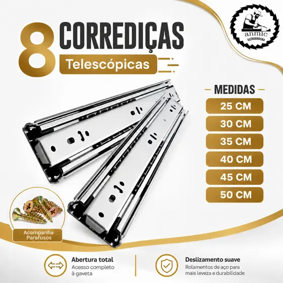 Kit 8 Corrediças de Gaveta Trilho Telescópica Light 25cm 30cm 35cm 40cm 45cm Aço Leve
