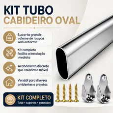 Tubo Cabideiro Oval 30x15mm Guarda-Roupas Closet Arara Com Suportes Laterais E Parafusos