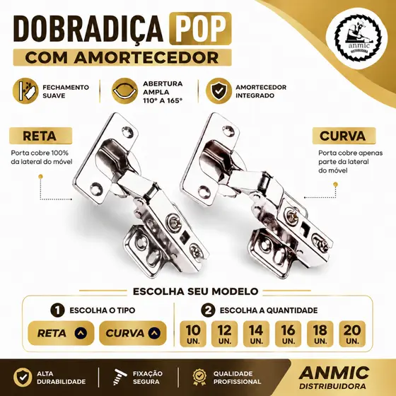 Kit Dobradiça Com Amortecedor 35mm Reta Ou Curva 10 12 14 16 18 20 Unidades Pop Porta De Armário